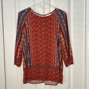 J jill women’s burnt orange floral print 3/4 sleeve blouse small